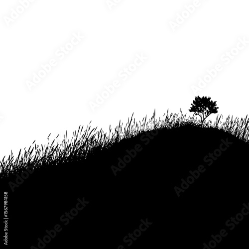 Silhouette of a lone tree on a grassy hill against a stark white sky, evoking peace and solitude with its monochrome contrast.