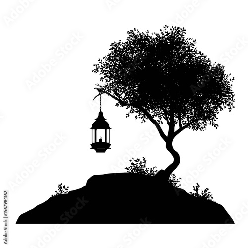 A stylized, silhouette of a tree and a hanging lantern creates a tranquil, monochromatic scene, evoking stillness and wonder.