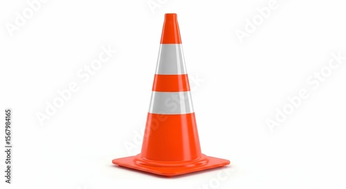 closeup shiny orange traffic cone barrier in white background
