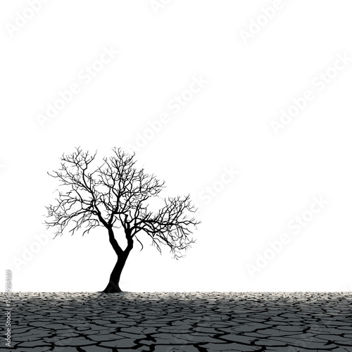 Striking silhouette of a leafless tree against a stark white background, standing on parched, cracked earth under a clear sky. Evokes resilience.