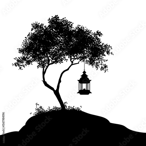 A silhouette of a tree with a lantern hanging from one of its branches, standing on a small hill. The sky is white and clear.