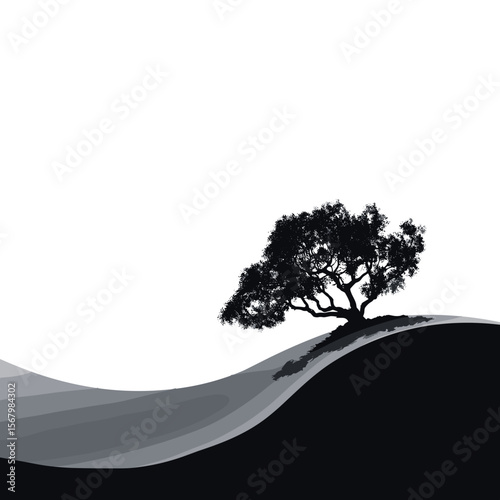 Solitary tree against a bright sky, standing atop a stylized rolling landform, creates a sense of calm and simplicity in black and white.
