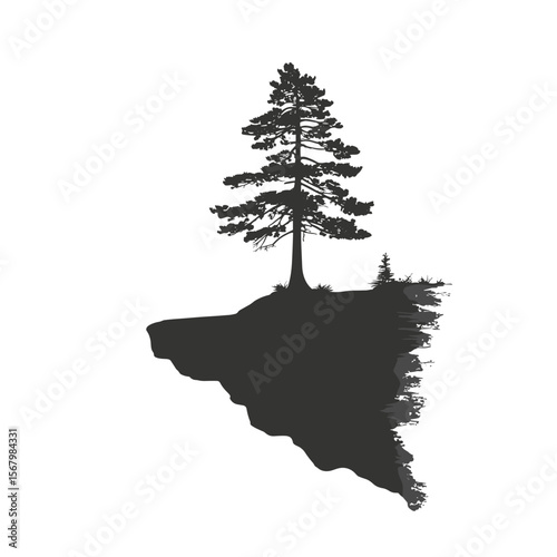 Lone tree silhouette perched on a cliff edge, isolated against a white background, creating a minimalist yet dramatic composition.
