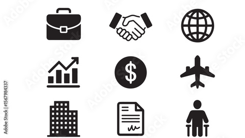 Global Business, Finance, and Travel Vector Icon Set