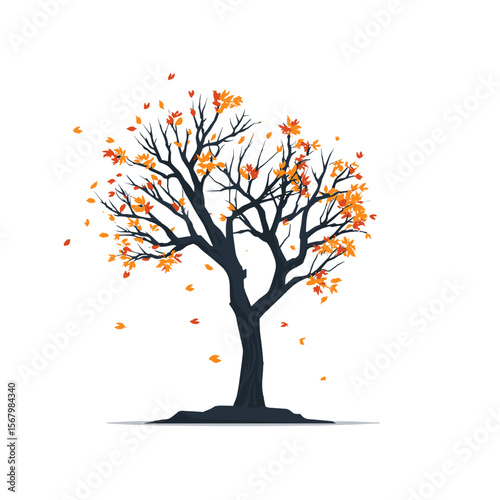 Stylized autumn tree with falling orange leaves. Vector illustration against a white background evokes a serene, seasonal transition.