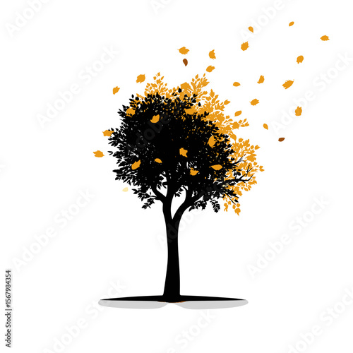 Abstract tree shedding golden leaves against a white background, symbolizing the transient beauty of autumn and the cycle of seasons.