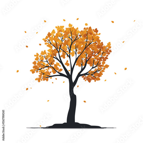 A stylized autumn tree with falling leaves against a bright background, capturing the essence of the season with vibrant colors and minimalist design.