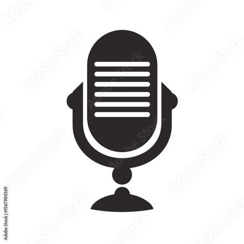 A retro microphone illustration, perfect for podcasting, radio broadcasting, or vocal recording applications. Black design on white. 