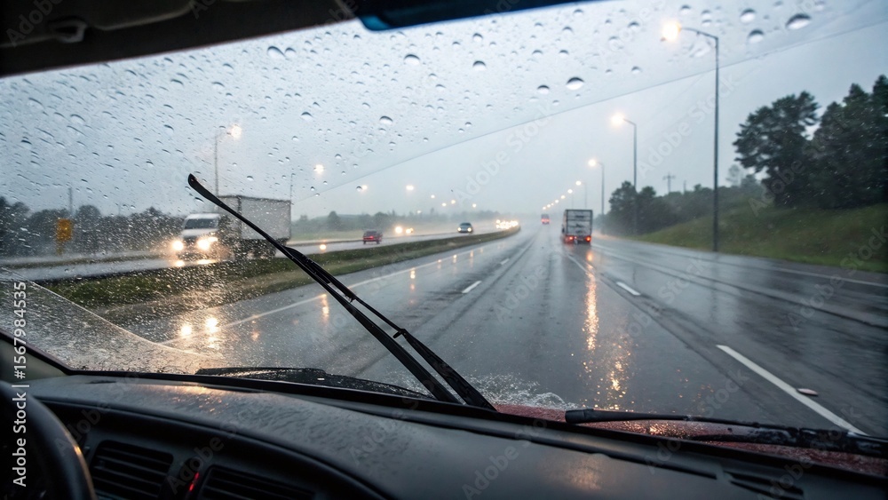 Obraz premium Truck driving on a highway during a heavy rainstorm with limited visibility