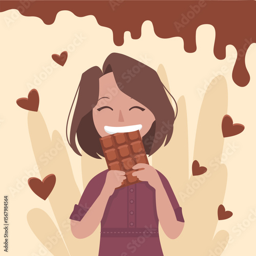 Portrait of girl holding a chocolate bar. Cartoon style flat illustration. Sweet food. Happy chocolate day.