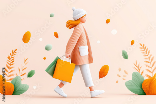 Stylized girl in cozy clothes walking with shopping bags among falling autumn leaves on a pastel background