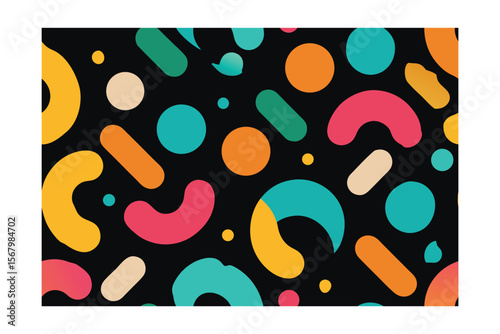 Colorful abstract shapes on including circles arcs oblong forms in various hues pattern
