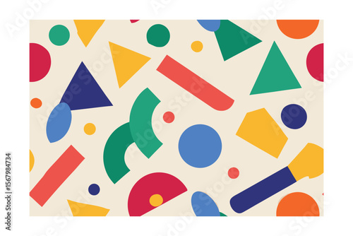 Colorful geometric shapes scattered on a beige creating a seamless pattern design