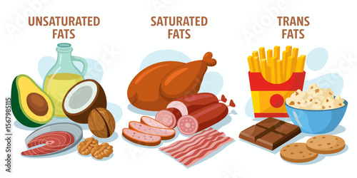 Food fats: unsaturated, saturated, and trans fats illustration