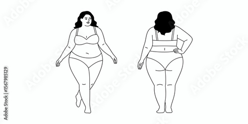 Plus size woman in underwear: Body positive curvy model, one person, confidence, front and back view vector