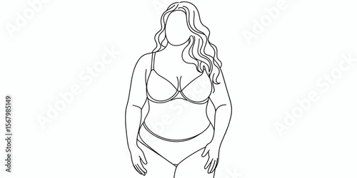 Plus size woman in underwear: body positivity, curvy, one person, line art