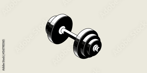 Weightlifting dumbbell, gym workout, fitness training, exercise, weight, strength, healthy lifestyle, black and white, graphic design, vector