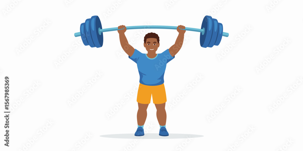 Fototapeta premium Black man lifting weights barbell, one person, vector illustration, athlete, fitness, exercise, workout, gym, training, sport