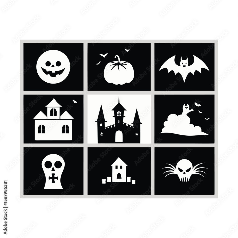 Obraz premium Halloween silhouette material set old castle and bats pumpkin and cat Premium Vector