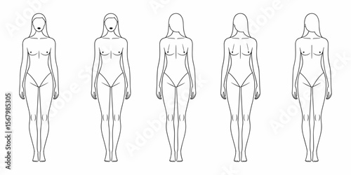 Five woman full body poses, female figure templates, fashion design drawing