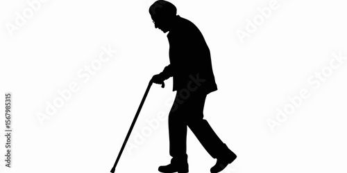 Senior man silhouette walking with cane, elderly person mobility concept
