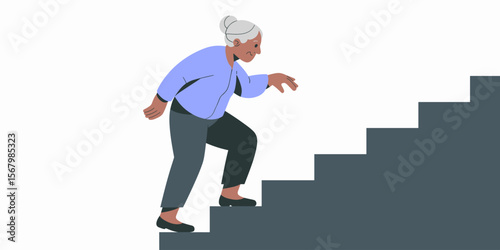 Senior woman climbing stairs, exercising, healthy lifestyle, older person, steps, home, active