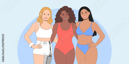Three diverse women friends, body positivity, swimwear, 20s, lifestyle, smiling