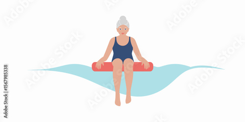 Senior woman swimming, floating on pool noodle.  Elderly female active lifestyle.