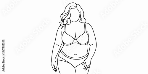 Plus size woman, curvy model, body positivity, woman in lingerie line art