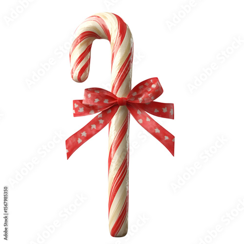 Traditional candy cane with red ribbon and white stars isolated on transparent background