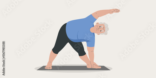 Senior woman doing triangle pose yoga on mat, elderly fitness training vector