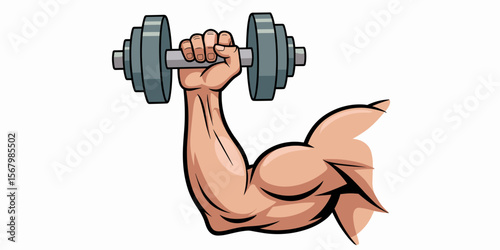 Strong arm lifting dumbbell, weightlifting, exercise, fitness, gym workout, cartoon, muscle, power, vector