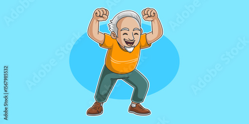 Senior man celebrating success. Elderly male joyfully raising fists in excitement.