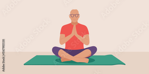 Senior man meditating, yoga pose on mat. Elderly man fitness, healthy lifestyle. One person vector illustration.