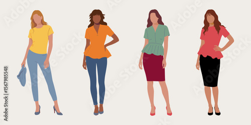 Four women in 20s-30s wear fashionable peplum tops, jeans, and skirts, standing confidently