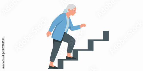 Senior woman climbing stairs, elderly exercise, fitness, active lifestyle, one person