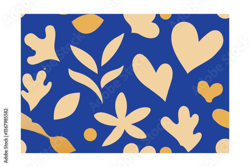 Abstract floral heart shapes in beige orange on a deep blue seamless pattern vector