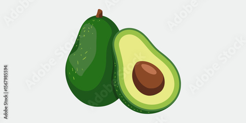 Two avocados, one whole, one cut in half with seed, food illustration
