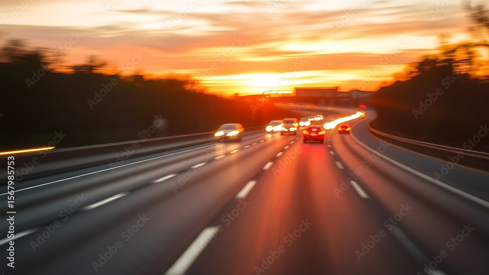Obraz premium A sunset highway glows with blurred vehicle lights, capturing golden hour's dynamic motion.