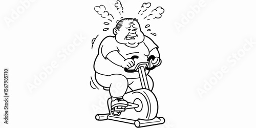 Overweight man exercising on stationary bike, working out, sweating, one person