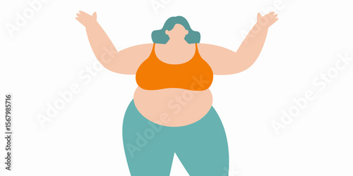 Plus size woman with open arms, body positivity, lifestyle, happy, vector illustration