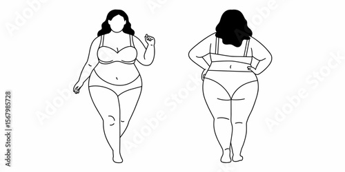 Plus size woman in underwear: body positivity, self acceptance, confidence vector illustration.
