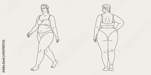 Plus size woman, walking, back view, line art, confident, body positivity, vector