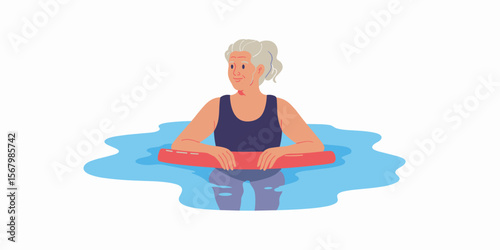 Senior woman exercising in water with float, senior fitness, one person, active lifestyle.