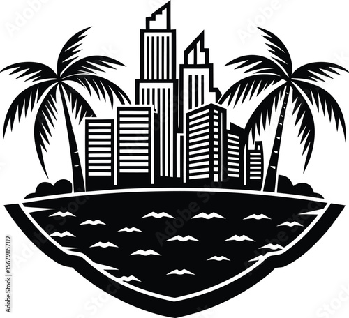 A vector illustration of a tropical island paradise with palm trees, a sandy beach, and a summer sun over the ocean, fantasy, serene, environment, sunny day, vector