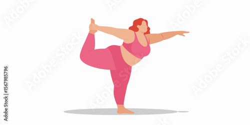 Plus-size woman in yoga pose vector illustration. Plus size fitness, healthy lifestyle, body positive concept, single person.