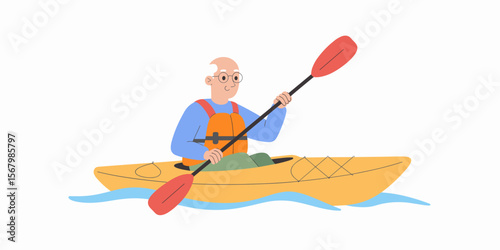 Senior man kayaking, older adult paddling in kayak on water, active lifestyle illustration