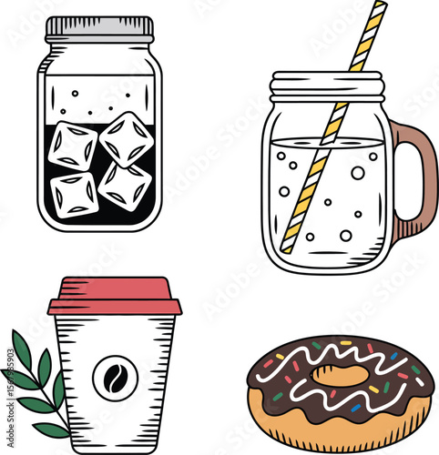 Iced coffee drink donut vector illustration set for cafe menu and food related design projects