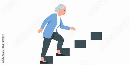 Senior woman climbing stairs, elderly fitness, exercise, active lifestyle, vector illustration