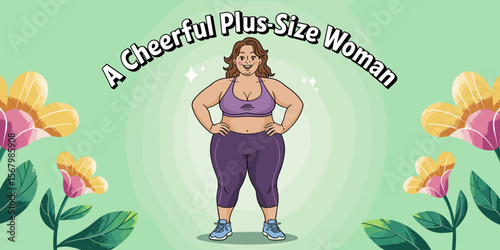 Cheerful plus size woman in sportswear, confident and healthy, cartoon vector illustration